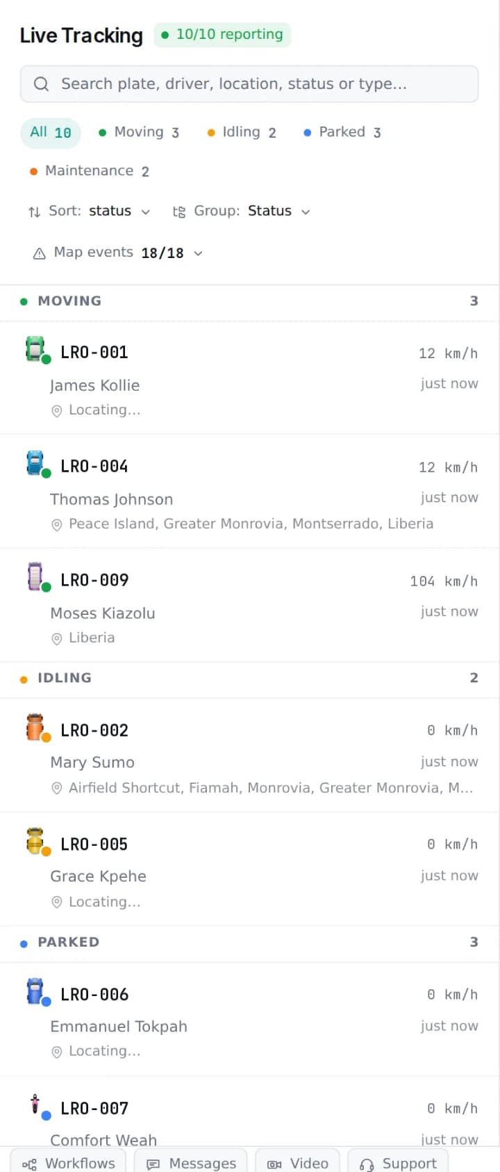 Live tracking in Kappagee Fleet: a fleet of ten vehicles on a map of Monrovia, grouped in the sidebar by moving, idling and parked, each row showing plate, driver, speed and last position.